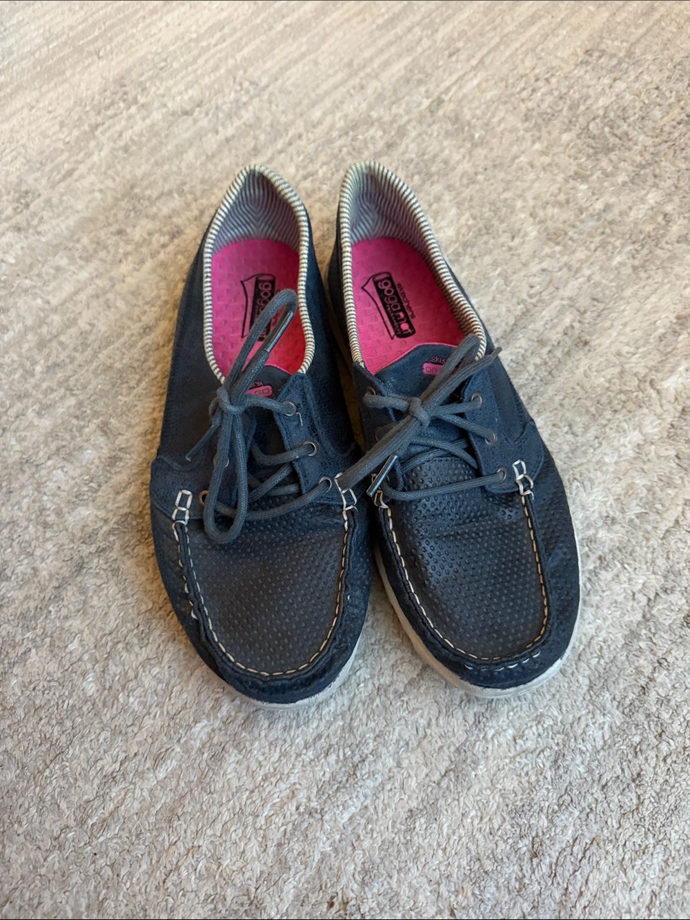 Skechers Women's Navy Perforated Moccasin Slip-Ons with Pink Insole
